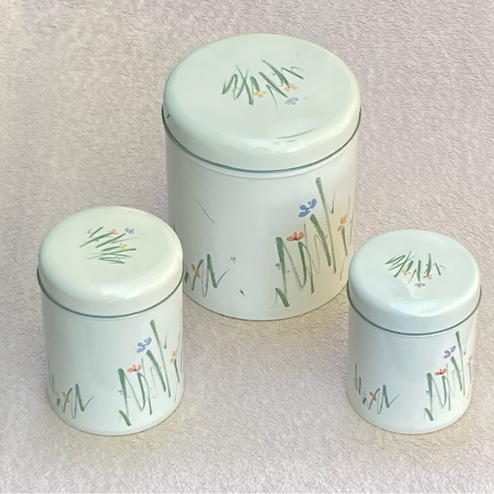 Vintage Studio Nova Floral Metal Tins Kitchen Canisters-Cream/Green-Vtg-Flowers - Picture 3 of 13